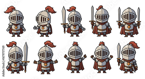 Cartoon knights in armor stand ready. Chibi character, medieval, fantasy, warrior, cute, mascot, icon, game, brave, warrior, soldier