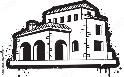 Striking Mediterranean Architecture Illustration with Bold Ink S