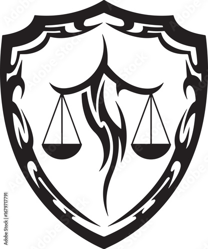 Stylized justice scales within an ornate shield emblem symbolizi