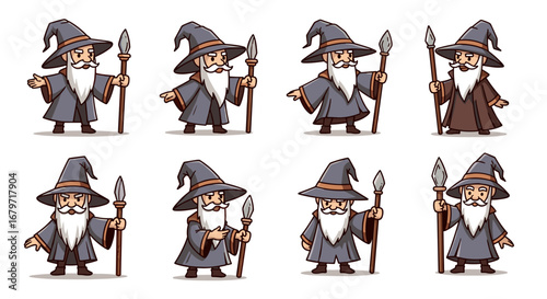 Cartoon wizards hold staffs in varied poses. Fantasy characters, magic, sorcery, myth, fairy tale, rpg, gaming, fantasy adventure.