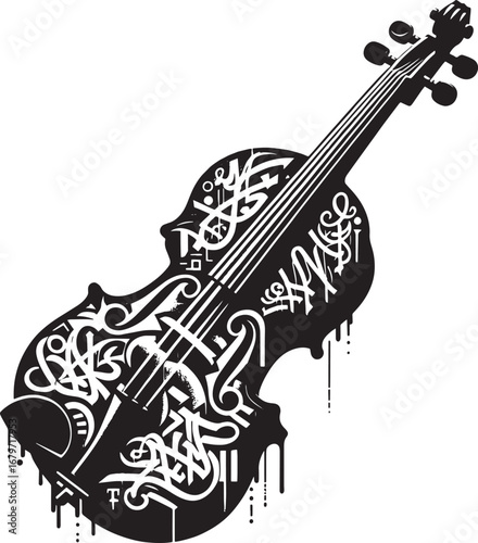 Artistic Black and White Illustration of a Graffiti-Style Violin with Abstract Designs