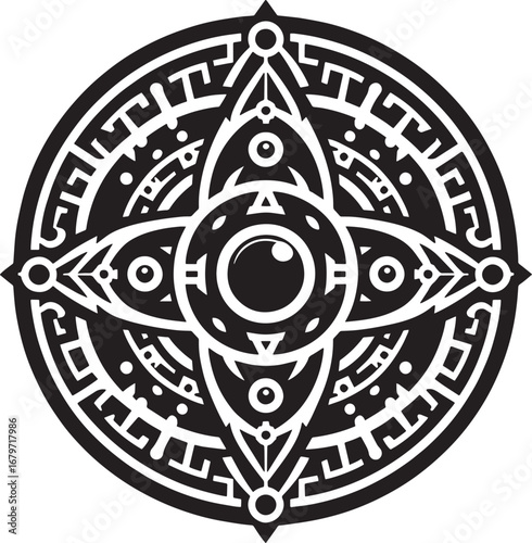 Intricate Black and White Aztec-Inspired Geometric Design with Detailed Circular Pattern