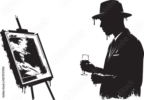 Silhouette of a man in a suit with a hat, holding a glass of win