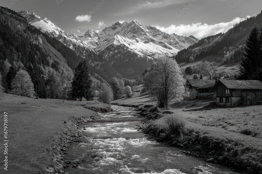 Obraz premium Tranquil Alpine Valley: Snow-Capped Peaks Surrounding a Pristine River Through Green Meadows and a Quaint Chalet black and white