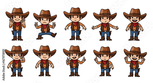 Cartoon cowboys in various poses, expressions. Western character, cowboy, gesture, animation, funny, sheriff, cute, design, mascot