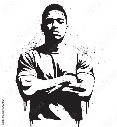 Monochromatic digital art of a man with arms crossed showing con