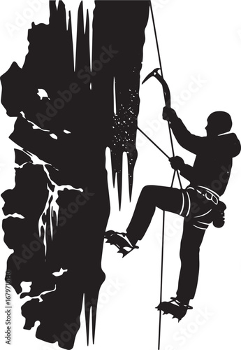 Silhouette of daring man ice climbing challenging icy rock wall