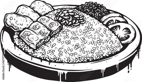 Detailed Nasi Goreng Illustration with Fried Chicken and Vegetab