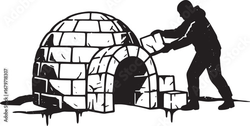 Illustrative artwork of an individual constructing a snow igloo