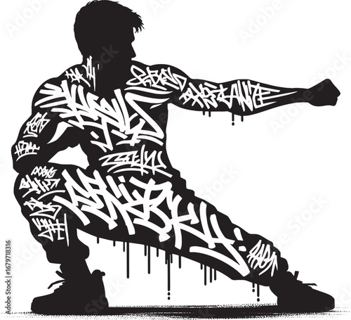 Silhouette of a Martial Artist Covered in Graffiti, Punching, Black and White Vector Illustration