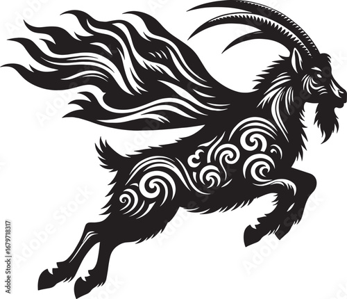 A majestic black goat with wings and ornate patterns soaring through the air in silhouette