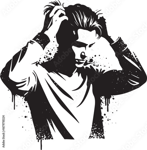 Monochrome portrait of a young man styling his hair in a bold, a