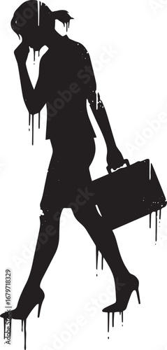 Silhouette of stressed professional woman walking with briefcase