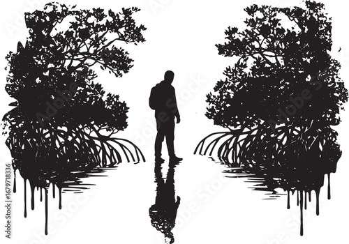 Monochrome silhouette of a man walking through mangrove forest r