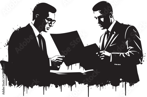 Two men in suits reviewing a document with an edgy and splashy i
