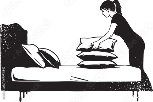 Stylized monochrome illustration depicting a woman arranging pil