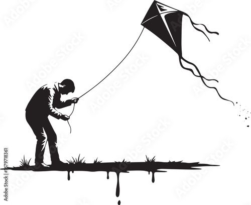 Monochrome silhouette of a man with kite against a white backgro