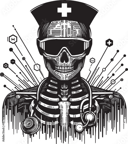 Digital healthcare illustration featuring a skeleton nurse with stethoscope and circuit board skull