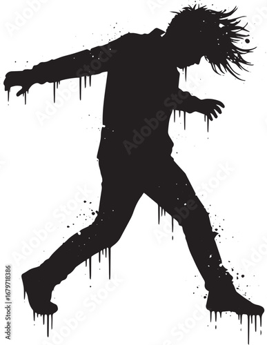 Dynamic black silhouette figure in motion with grungy distressed
