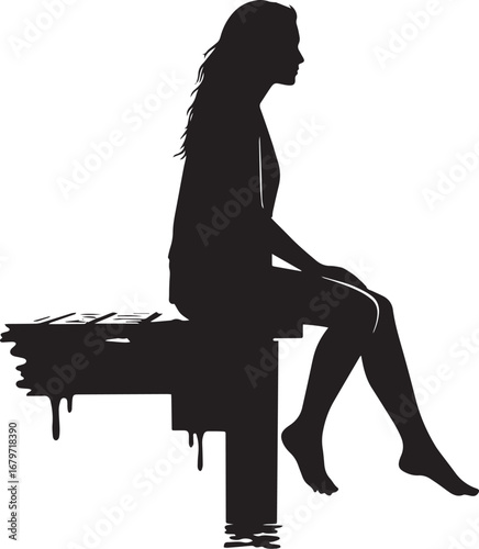 Silhouette of a woman sitting on a dock contemplating the water'