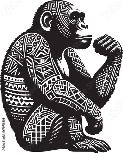 Artistic depiction of a chimpanzee with intricate tribal patterns in a thoughtful pose