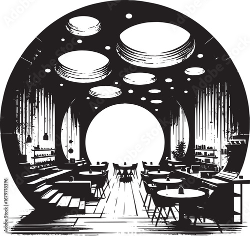 Black and white illustration of a modern restaurant interior design with tables and chairs
