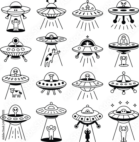 Collection of Cartoon UF Os and Aliens Abducting Cows and Humans flying saucer extraterrestrial vector