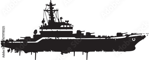 Monochrome graphic silhouette of a naval missile carrier with gr