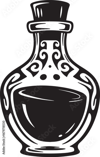 A captivating monochrome illustration of a potion bottle with tr