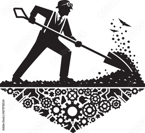 Steampunk-themed illustration of a worker shoveling debris with gears and mechanical elements below