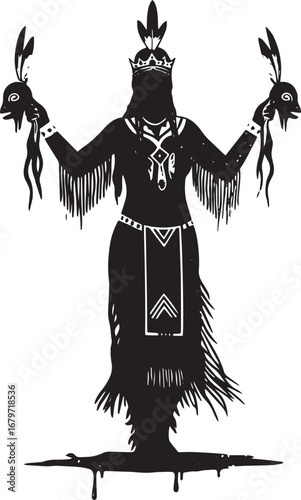Silhouette of a ceremonial figure holding ritualistic animal mas