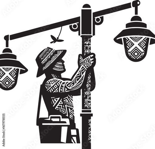 Black and White Illustration of a Person Repairing Streetlights with Intricate Patterns and Details