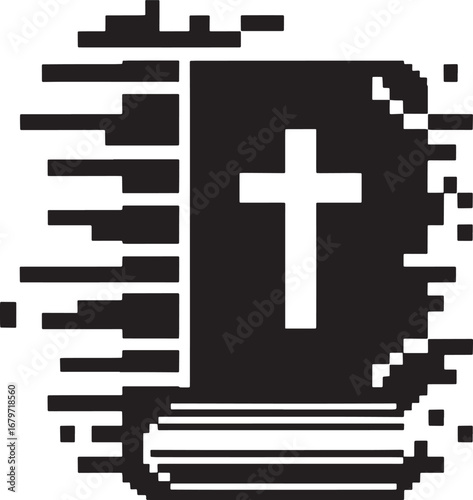 Abstract Black and White Illustration of a Bible with a Cross Symbolizing Faith and Religion