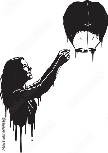 Serene black and white illustration of a woman releasing a lante