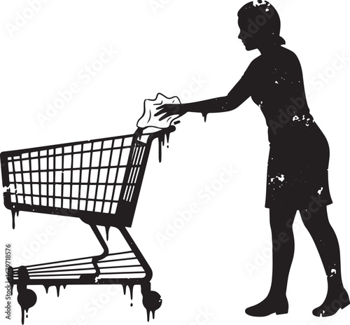 Silhouette of woman cleaning a shopping cart with dripping paint