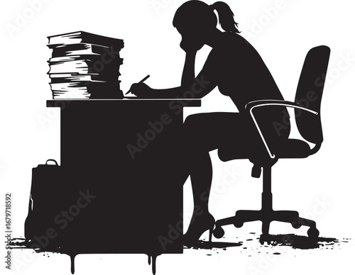 Silhouette of a woman working at her desk with stack of files in