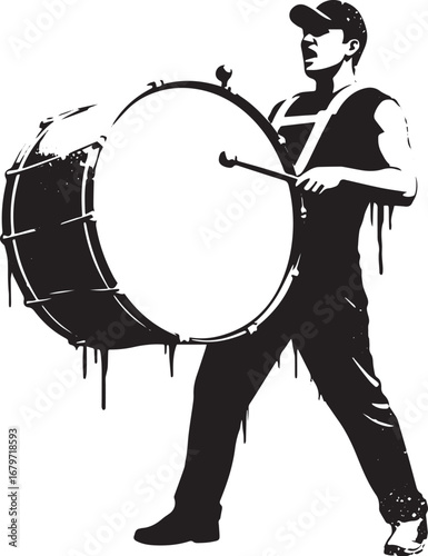 Monochrome image showing a marching band drummer performing with