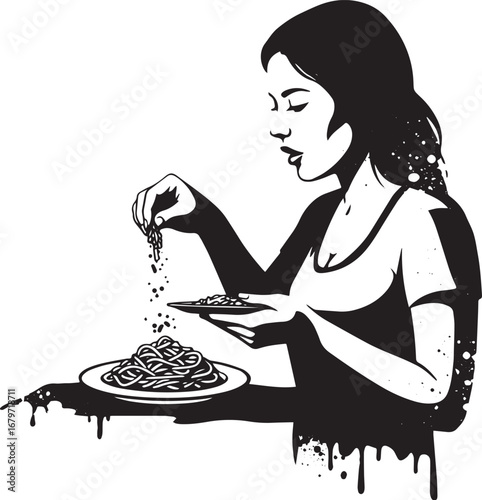 Monochrome portrait of a woman garnishing spaghetti with sprinkl