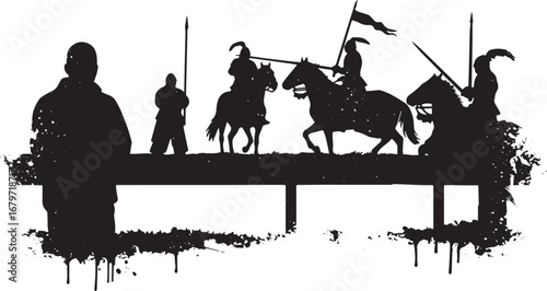 Dramatic silhouette illustration of medieval knights preparing f