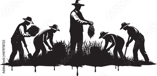 Silhouetted farmers cultivating land with traditional hats and t