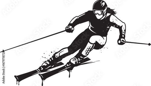Dynamic monochrome illustration of a skier in motion, conveying