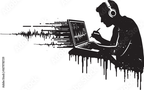 Creative black silhouette of a sound engineer working on a lapto