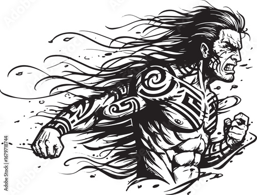 Fierce inked warrior in dynamic monochrome illustration expressi