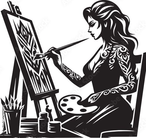 Elegant Silhouette of a Woman Artist Painting on Canvas with an Easel and Palette
