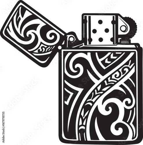 Stylized black and white lighter illustration with intricate tri