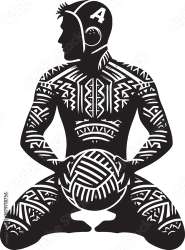 Silhouette of a water polo player with patterned body art and a water polo ball