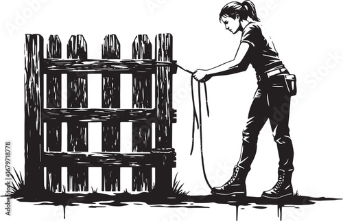 Monochrome linocut print depicting a woman repairing a rustic wo