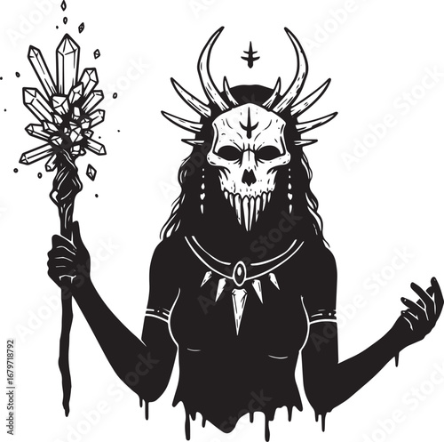 Enigmatic sorceress illustration with skull mask and crystal sta