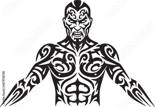 Tribal warrior with intricate tattoos expressing anger and intim