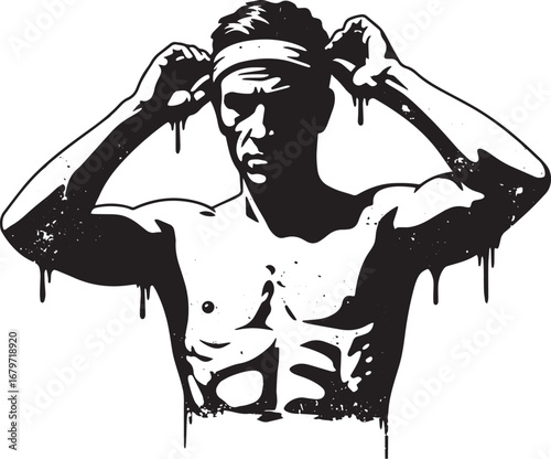 Monochrome stylized athletic male adjusting his headband with dr